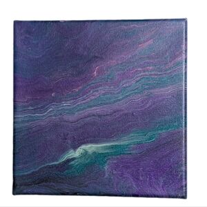 Abstract Fluid Pour Painting Iridescent Purple Teal 8 X 8 Canvas Home Decor Art